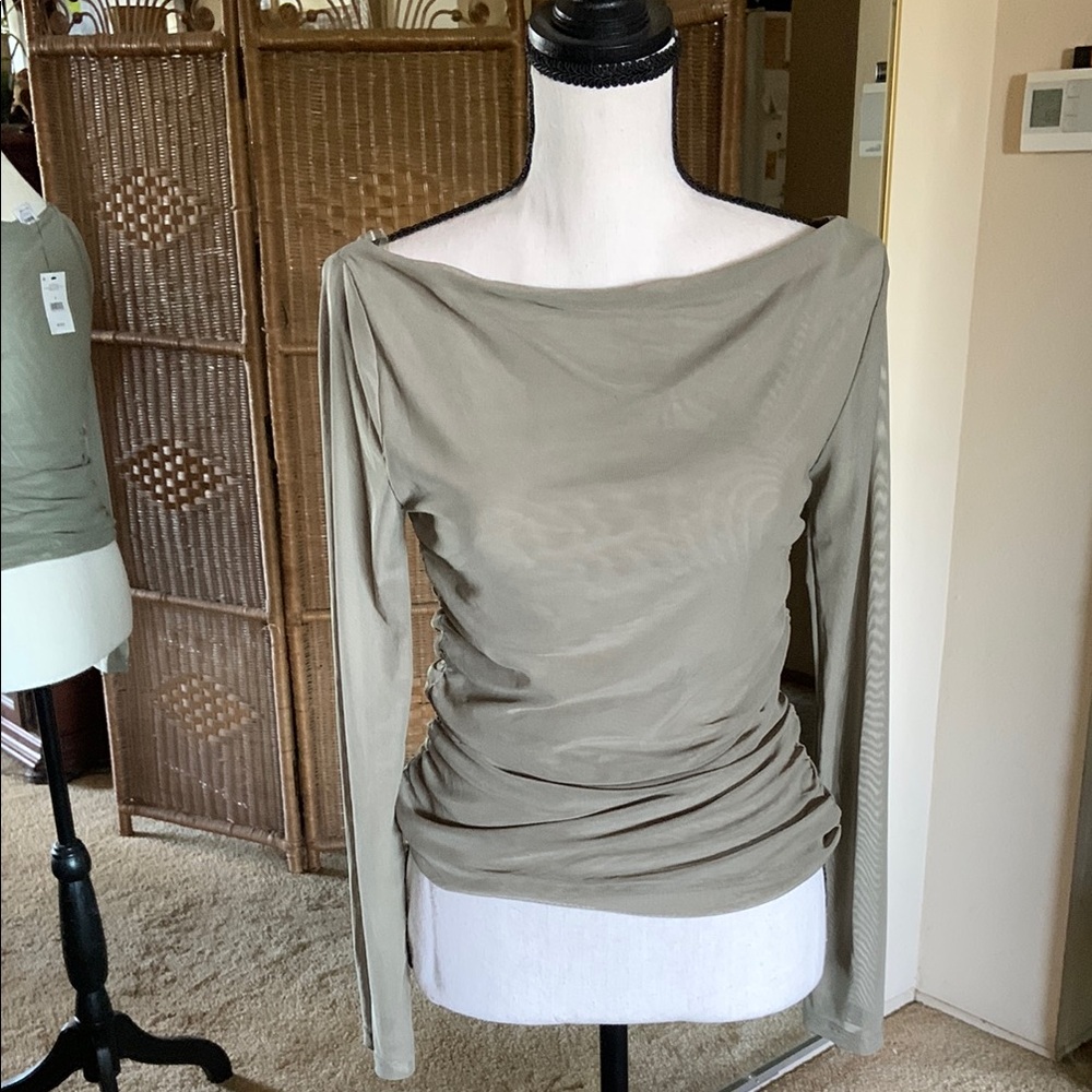 Cotton On Olive Green Long Sleeve Ruched Mesh Blouse size small NWT